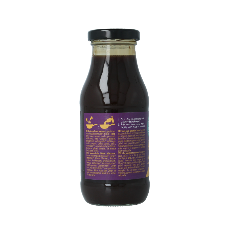 TerraSana Hoisin woksaus bio in 240ml bottle, featuring a dark, savory sauce for Asian dishes, labeled with brand and product details.
