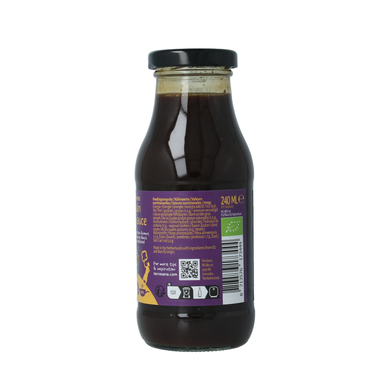 Organic TerraSana Hoisin wok sauce in 240ml bottle, featuring a rich, dark sauce with a label displaying the product name and brand.