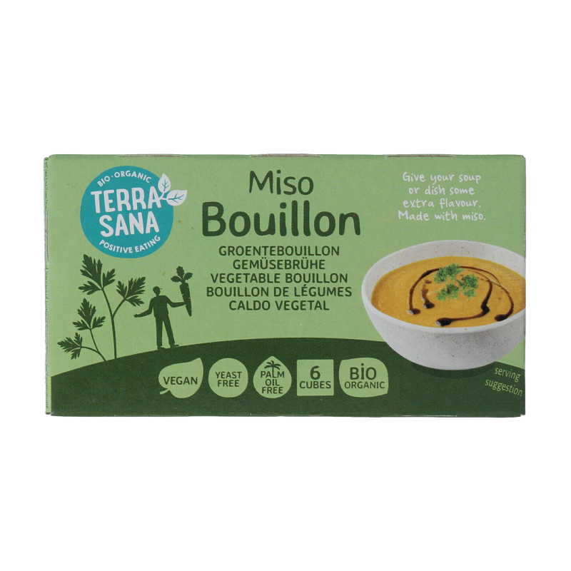 TerraSana groente bouillon miso blokjes, gistvrij, biologische soep en bouillon, 64 gram, in een heldere verpakking