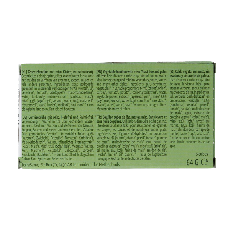 TerraSana groente bouillon miso blokjes, gistvrij, biologische soep en bouillon smaak, 64 gram.