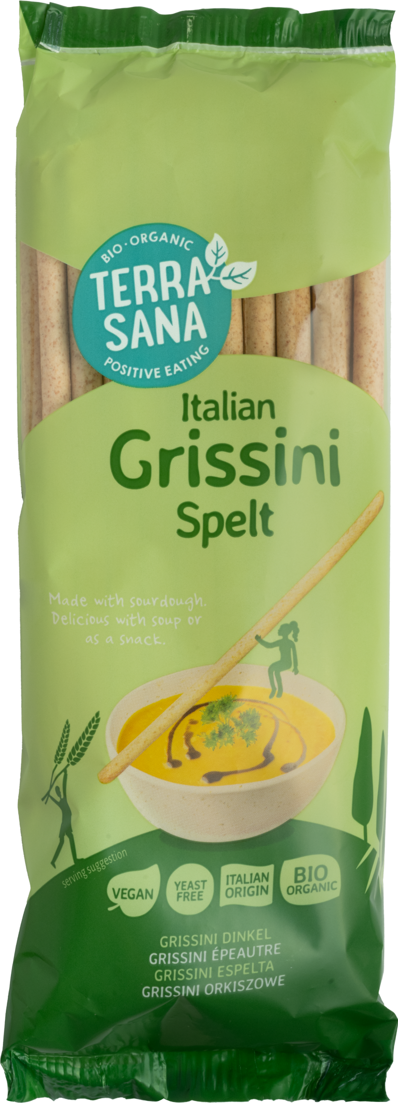 TerraSana Bio Spelt Grissini crackers, 125g, showcasing crispy, golden-brown spelt breadsticks in a close-up view.