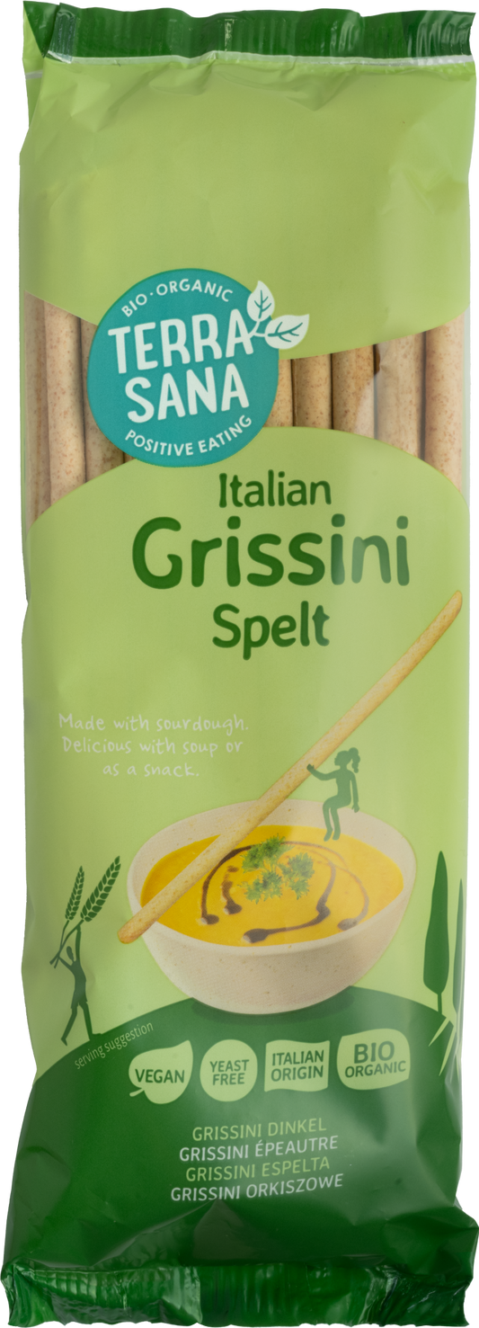 TerraSana Bio Spelt Grissini crackers, 125g, showcasing crispy, golden-brown spelt breadsticks in a close-up view.