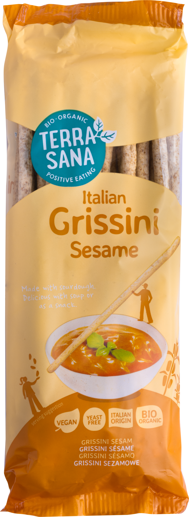 TerraSana Sesam Bio Grissini, 125g, crispy breadsticks with sesame seeds, packaged in a clear bag.