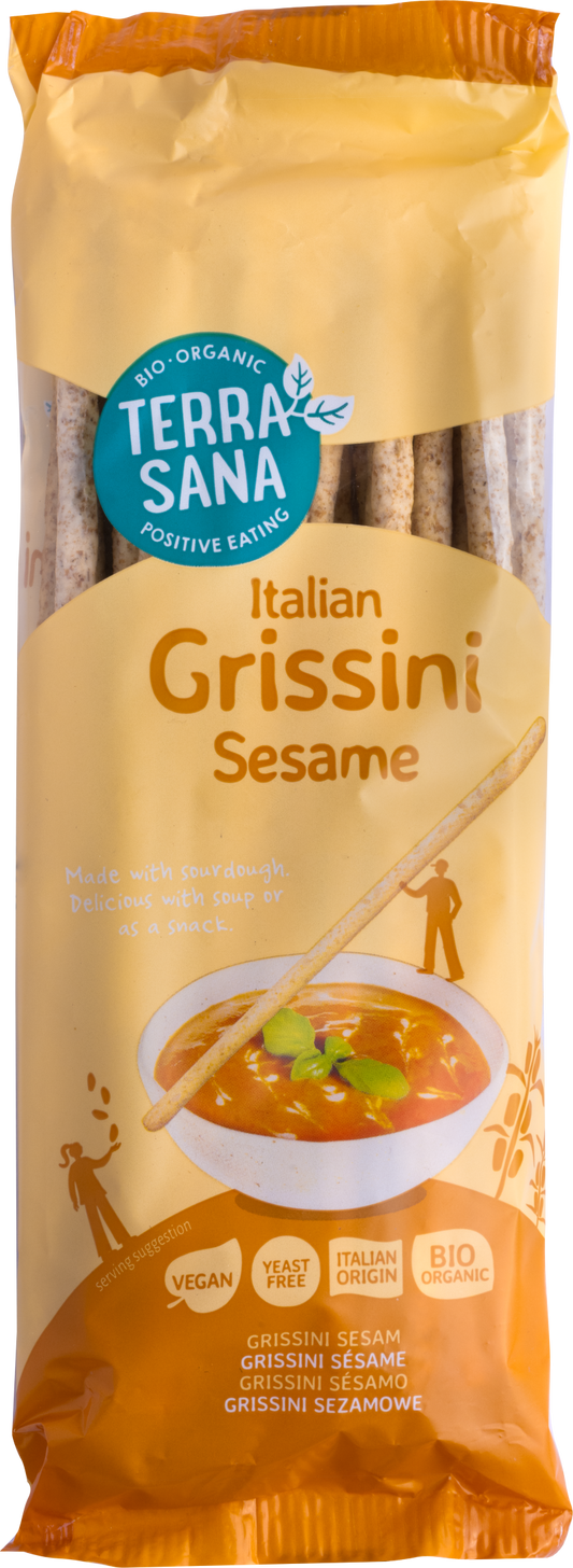 TerraSana Sesam Bio Grissini, 125g, crispy breadsticks with sesame seeds, packaged in a clear bag.