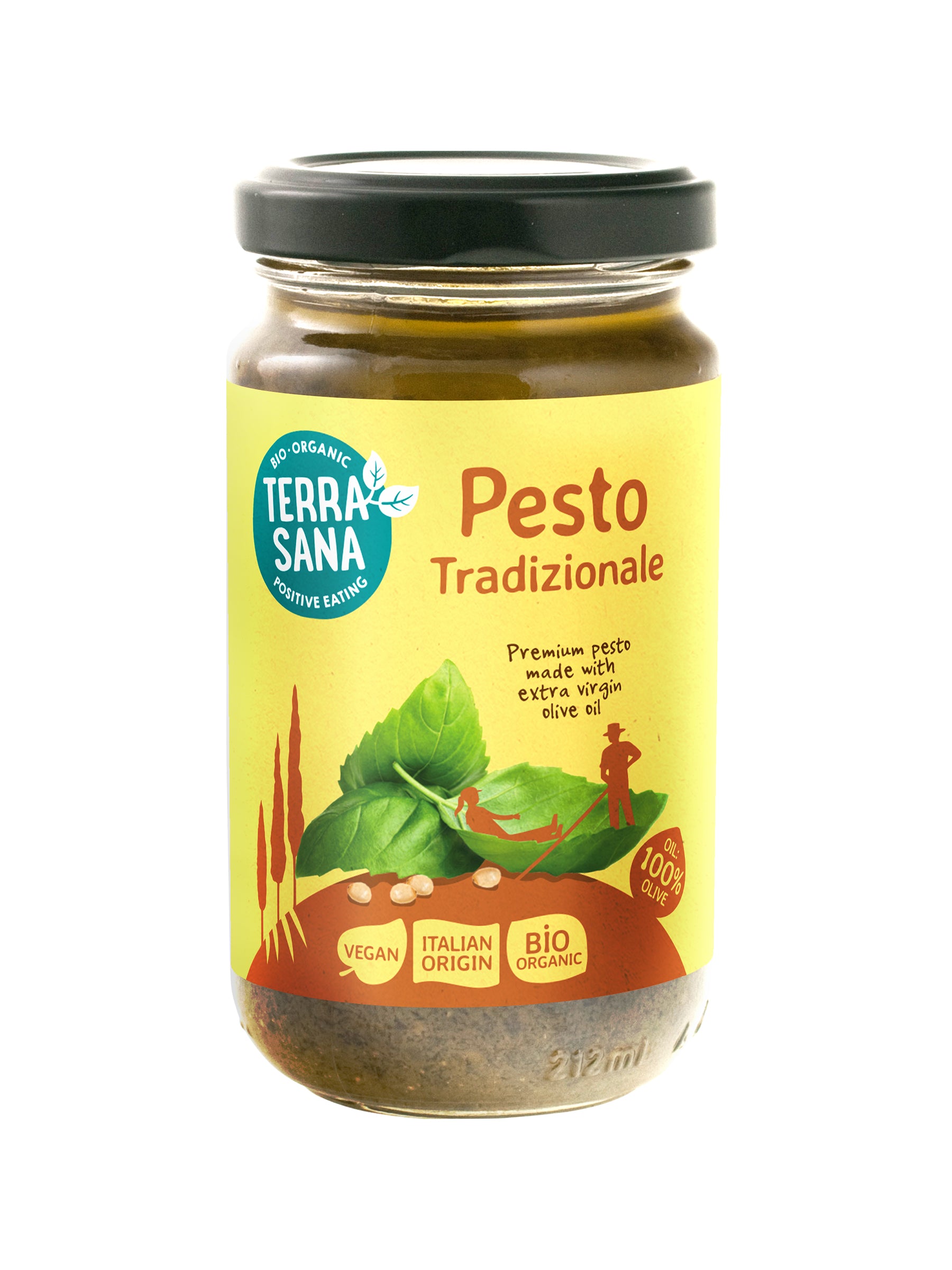 Organic TerraSana traditional pesto in a 180g jar, showing fresh basil, garlic, and pine nuts, ideal for pasta and spreads.