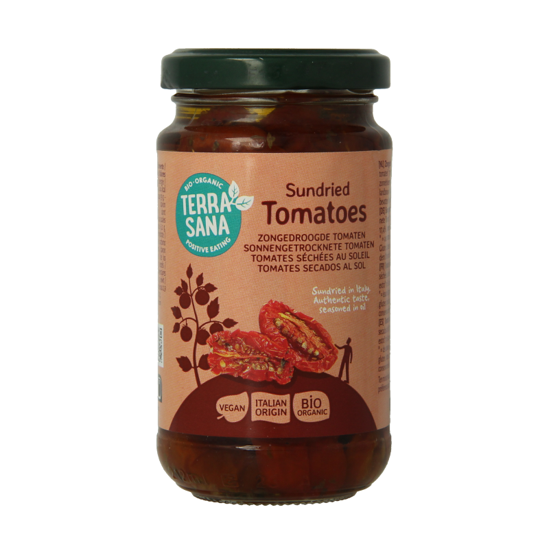 TerraSana organic sun-dried tomatoes in olive oil, 180 grams, in a clear jar showing rich red tomatoes immersed in oil.