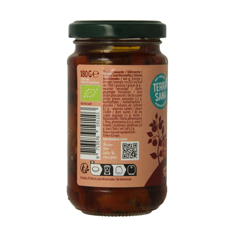 Organic TerraSana sun-dried tomatoes in olive oil in a jar, showing vibrant red tomatoes immersed in olive oil.