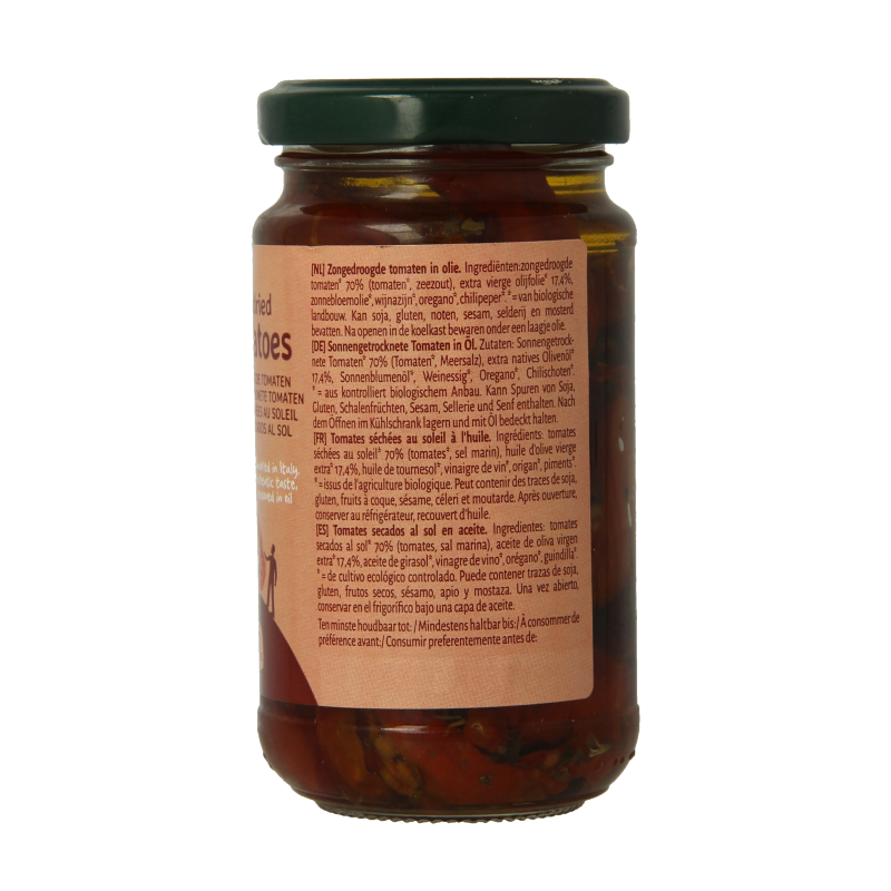 Organic TerraSana sun-dried tomatoes in olive oil in a 180g jar, showing the vibrant, glossy tomatoes immersed in oil.