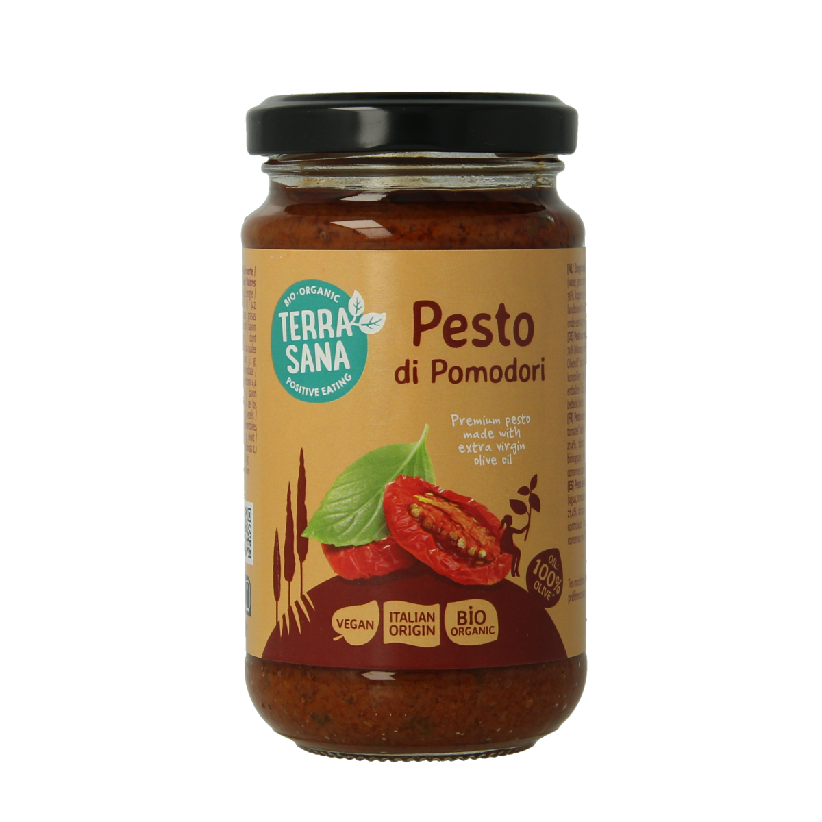 TerraSana bio Tomatenpesto in 180g jar, showcasing fresh tomato and basil ingredients with a rustic label.