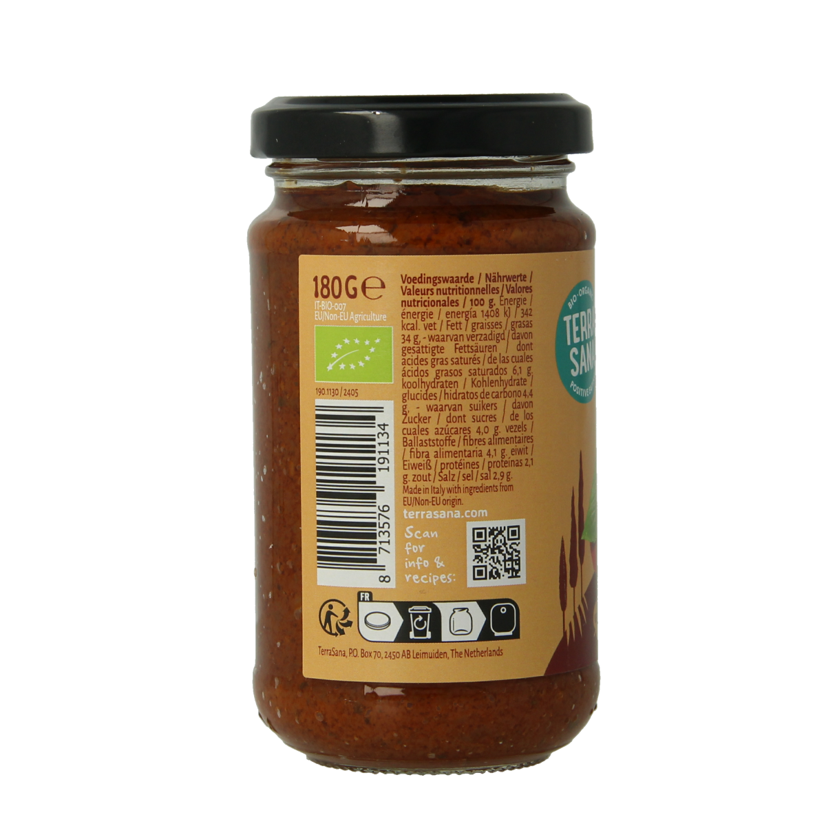 Organic TerraSana Tomatenpesto in 180g jar, showing fresh tomato and basil ingredients with the label on the jar.