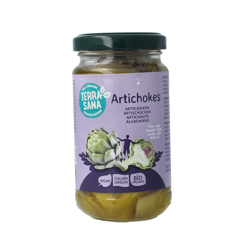 Cans of TerraSana organic artichokes in olive oil, 170 grams, with label featuring artichoke images and TerraSana branding.