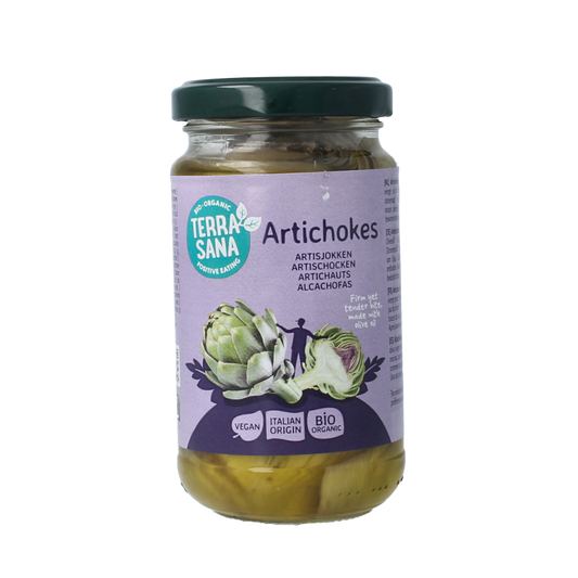 Cans of TerraSana organic artichokes in olive oil, 170 grams, with label featuring artichoke images and TerraSana branding.