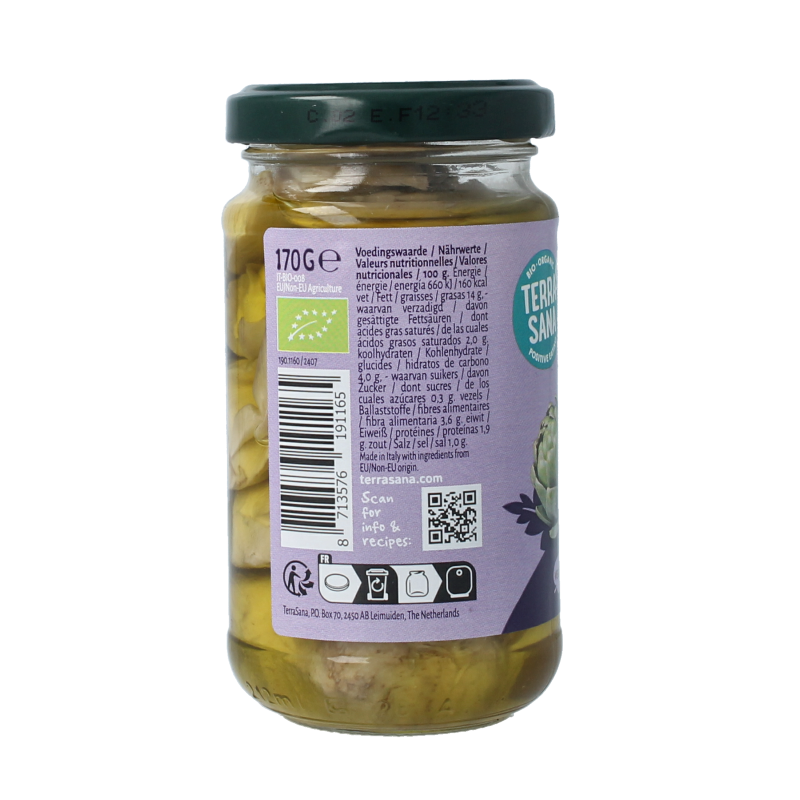 Canned TerraSana organic artichoke hearts in olive oil, 170g jar, with fresh artichoke and olive oil visible in the image.