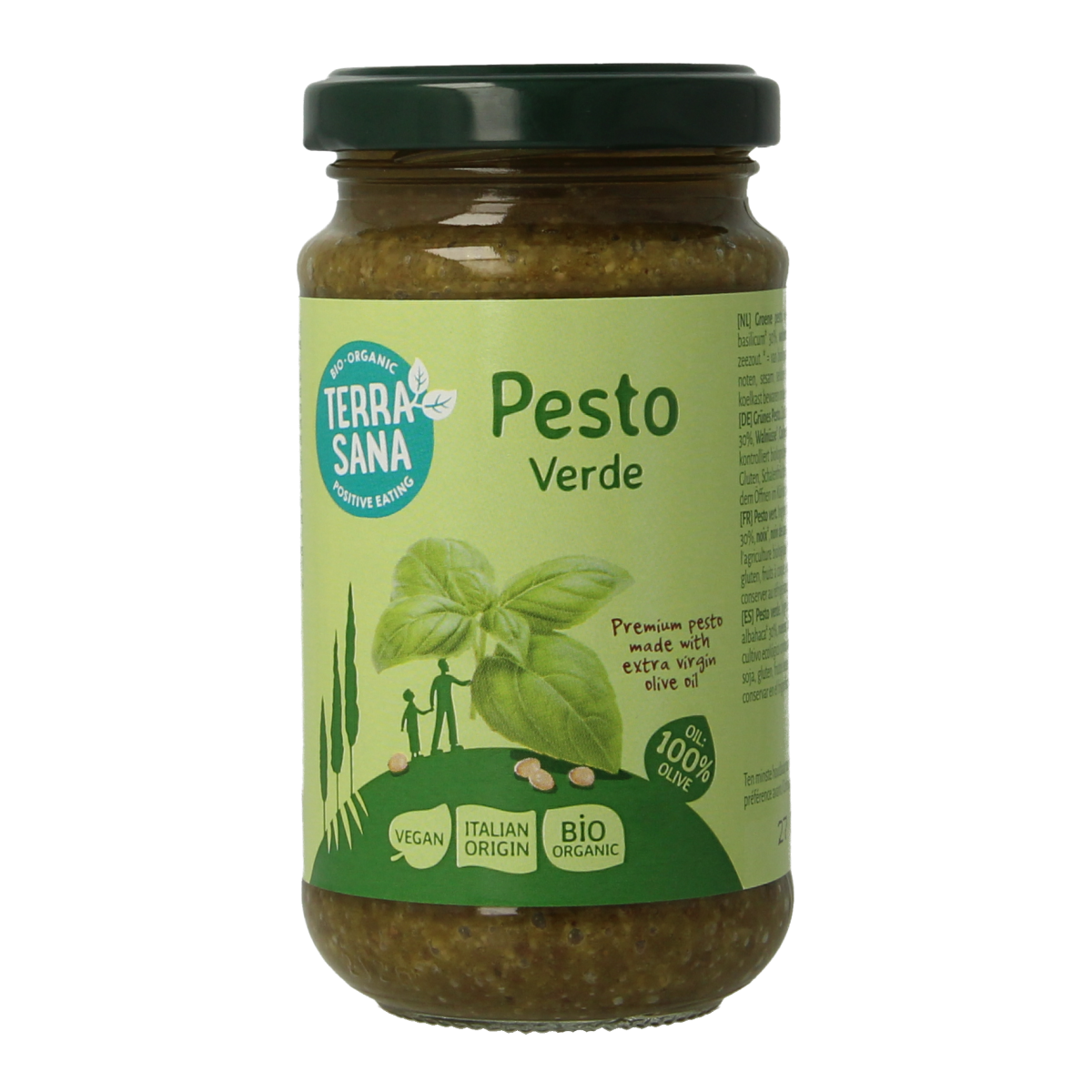 TerraSana bio pesto verde in 180g jar, showing fresh basil, garlic, and pine nuts on the label.