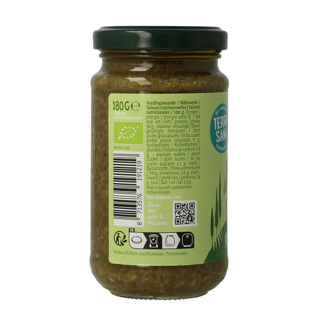TerraSana bio pesto verde sauce in a 180g jar, with fresh green basil, garlic, and pine nuts visible.