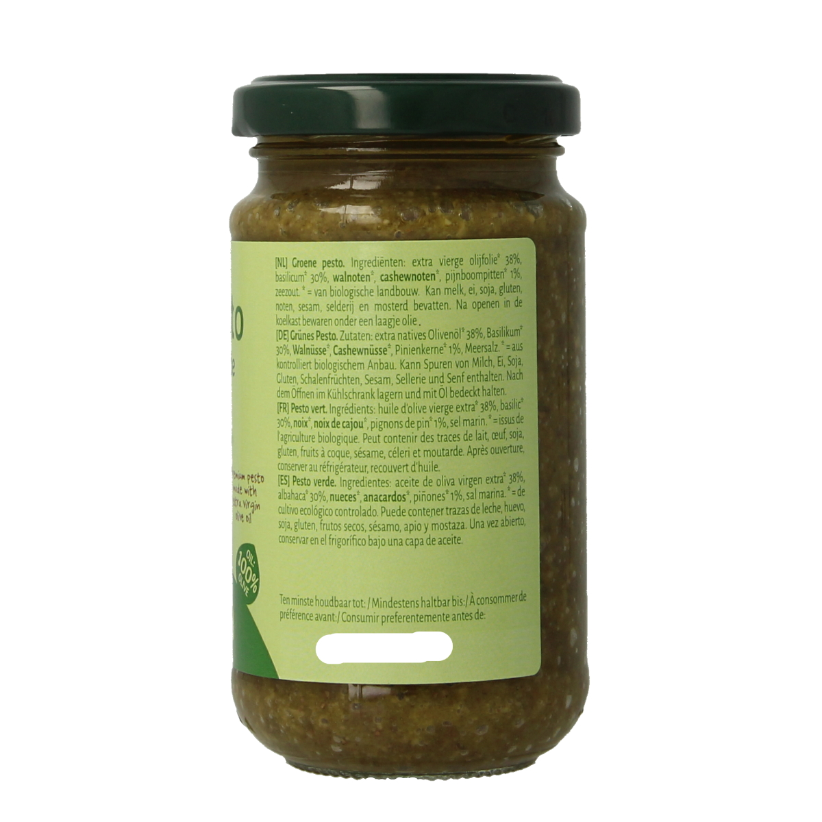 TerraSana biologische pesto verde sauce in 180g jar, showing fresh basil, garlic, and cheese ingredients.