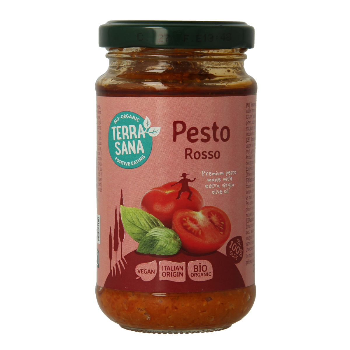 Terras Sana Pesto Rosso bio in 180g jar, showing vibrant red pesto sauce with basil and tomato visible in the image.