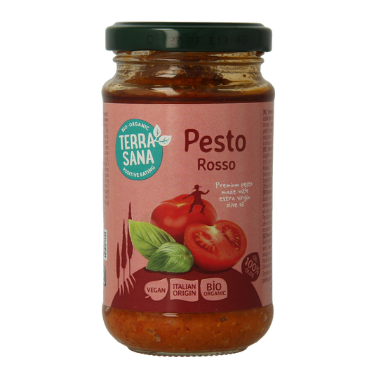 Terras Sana Pesto Rosso bio in 180g jar, showing vibrant red pesto sauce with basil and tomato visible in the image.
