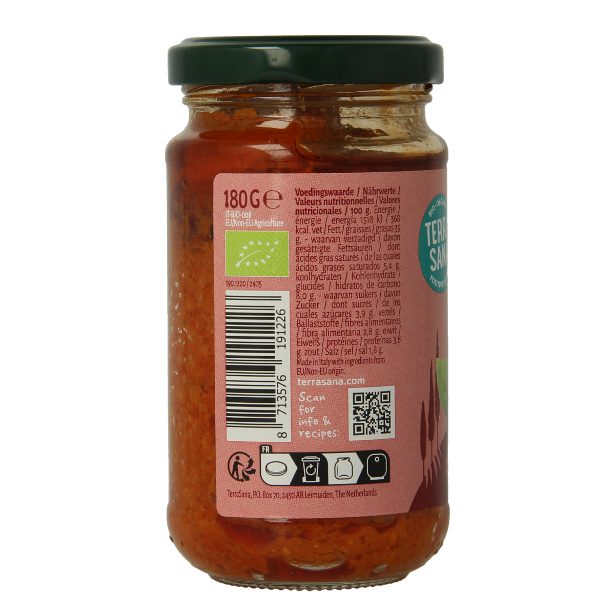 TerraSana Pesto Rosso bio in 180g jar, showing the vibrant red sauce with fresh basil and sun-dried tomatoes.