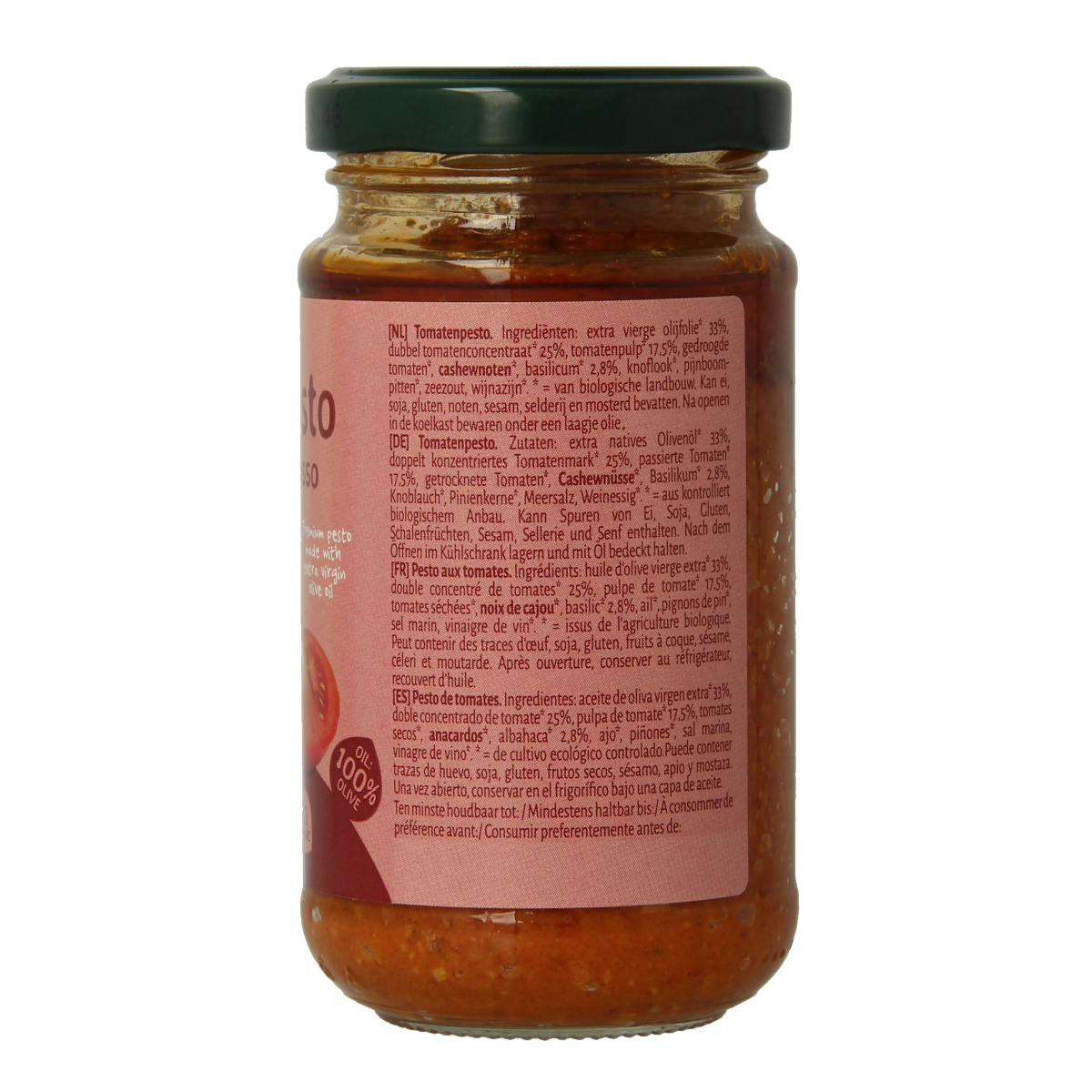 TerraSana Pesto Rosso bio in a 180g jar, featuring vibrant red color and fresh ingredients, for sauces and flavoring.