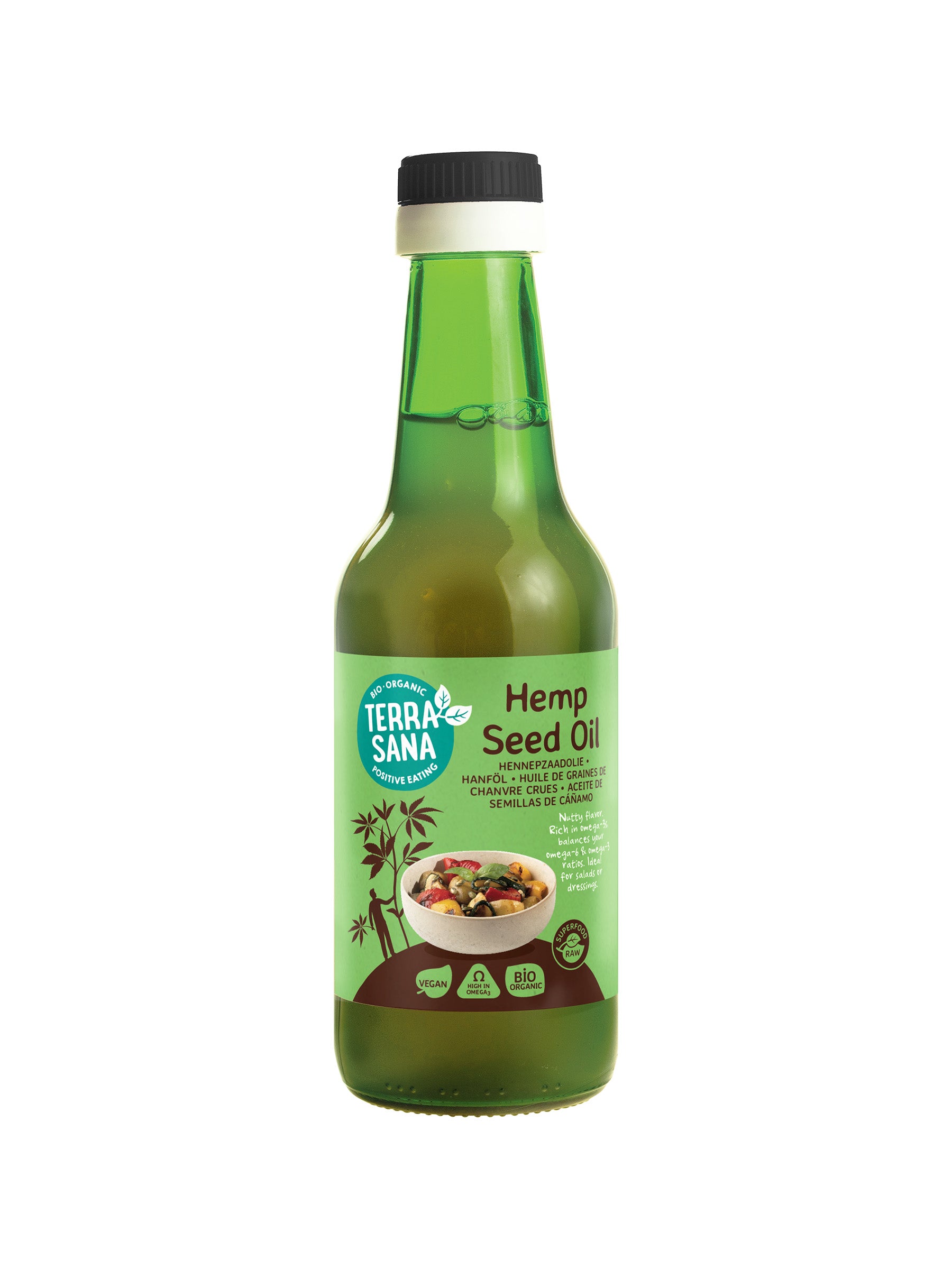 Glass bottle of TerraSana raw hennep olie (hemp oil) in a 250ml container, showing the product label and clear liquid inside.