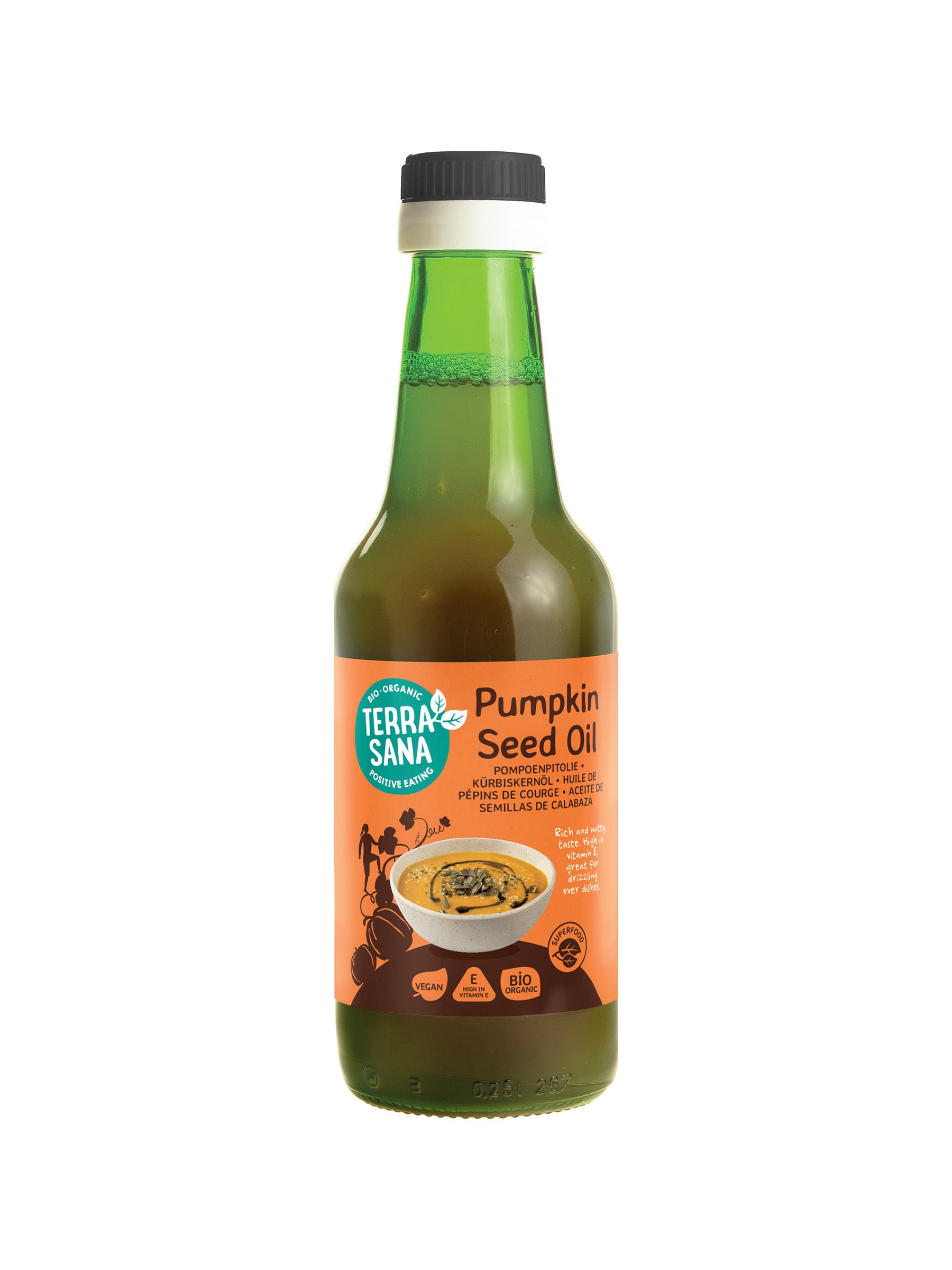 Glass bottle of TerraSana organic cold-pressed pumpkin seed oil in 250ml, raw superfood with a dark label and pump dispenser.