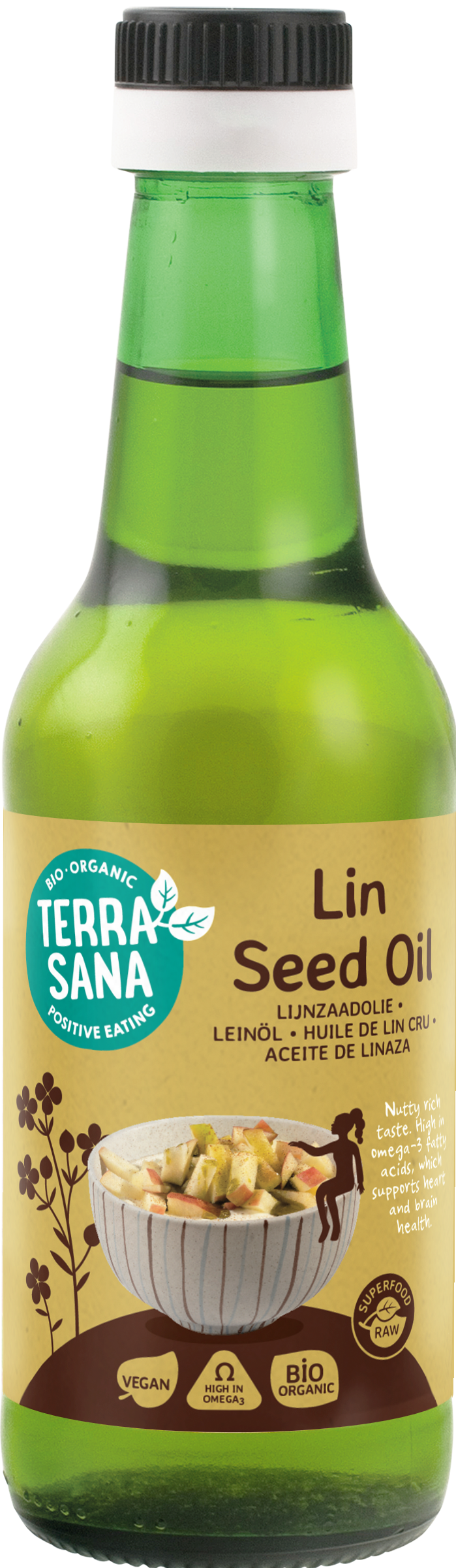 Organic TerraSana flaxseed oil in a 250ml bottle, cold-pressed for fresh, natural omega-3 fatty acids.