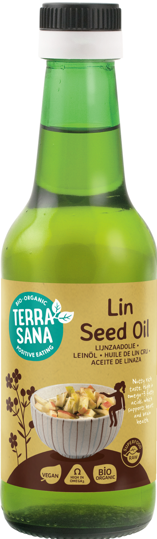 Organic TerraSana flaxseed oil in a 250ml bottle, cold-pressed for fresh, natural omega-3 fatty acids.