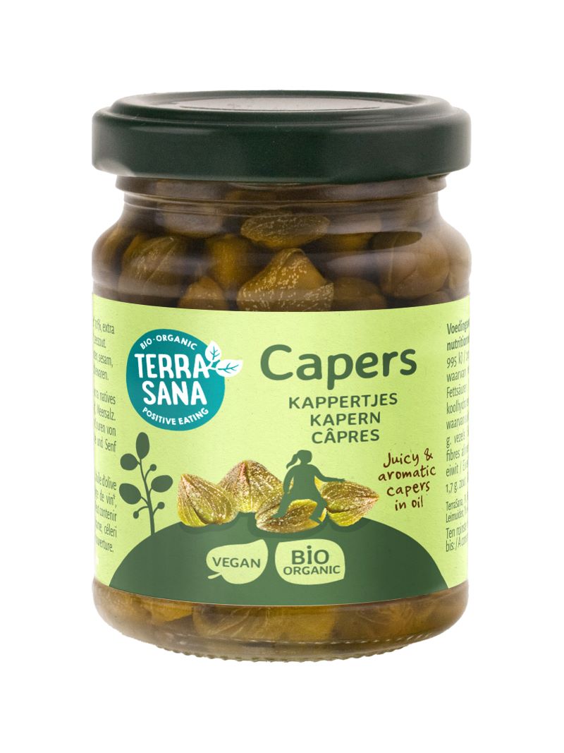 Jar of TerraSana Siciliaanse kappertjes in olijfolie, organic, 120 grams, with visible capers and olive oil in a glass jar.