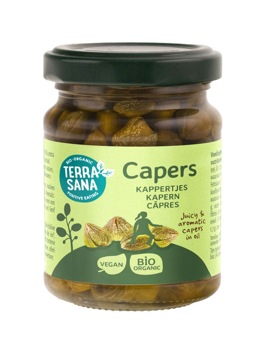 Jar of TerraSana Siciliaanse kappertjes in olijfolie, organic, 120 grams, with visible capers and olive oil in a glass jar.