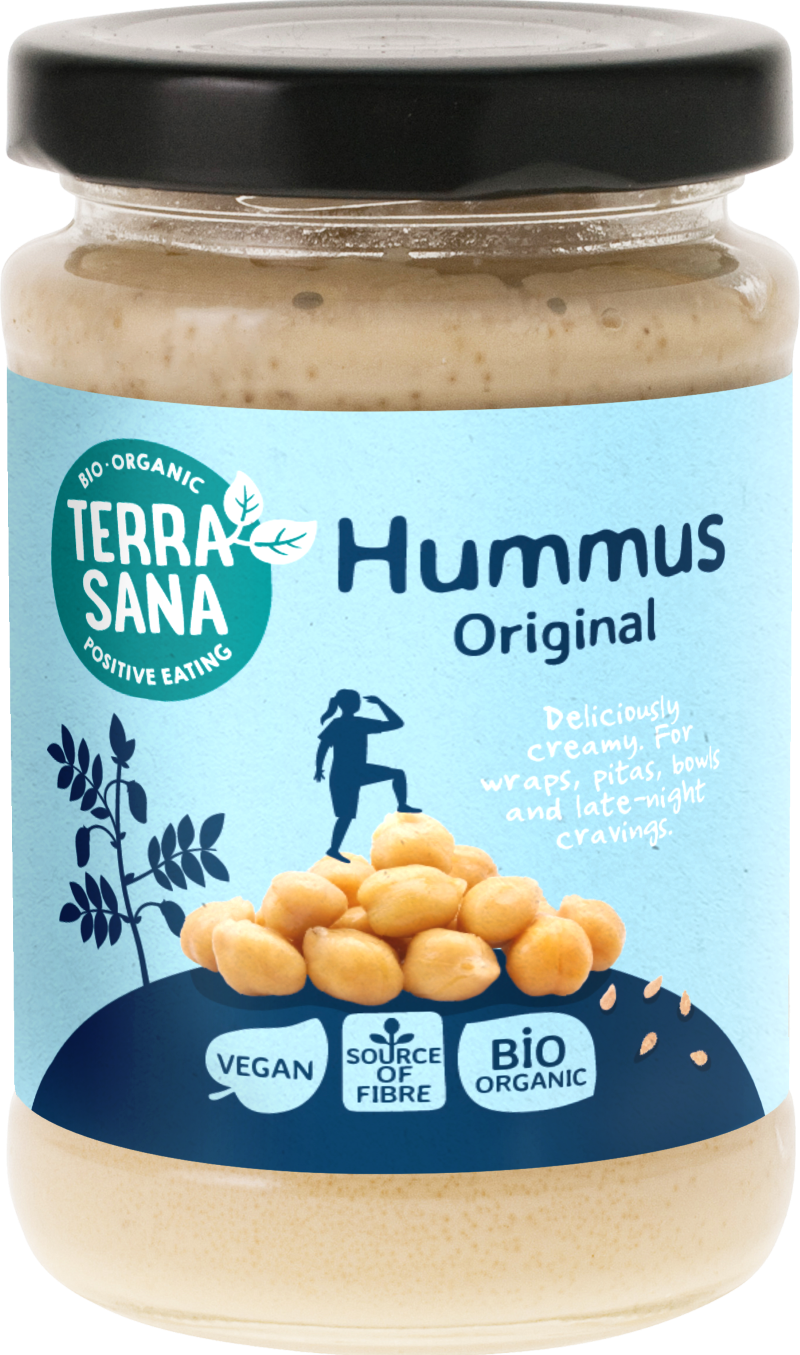 TerraSana organic hummus original 190g spread on bread, showcasing creamy texture and fresh ingredients in a jar.