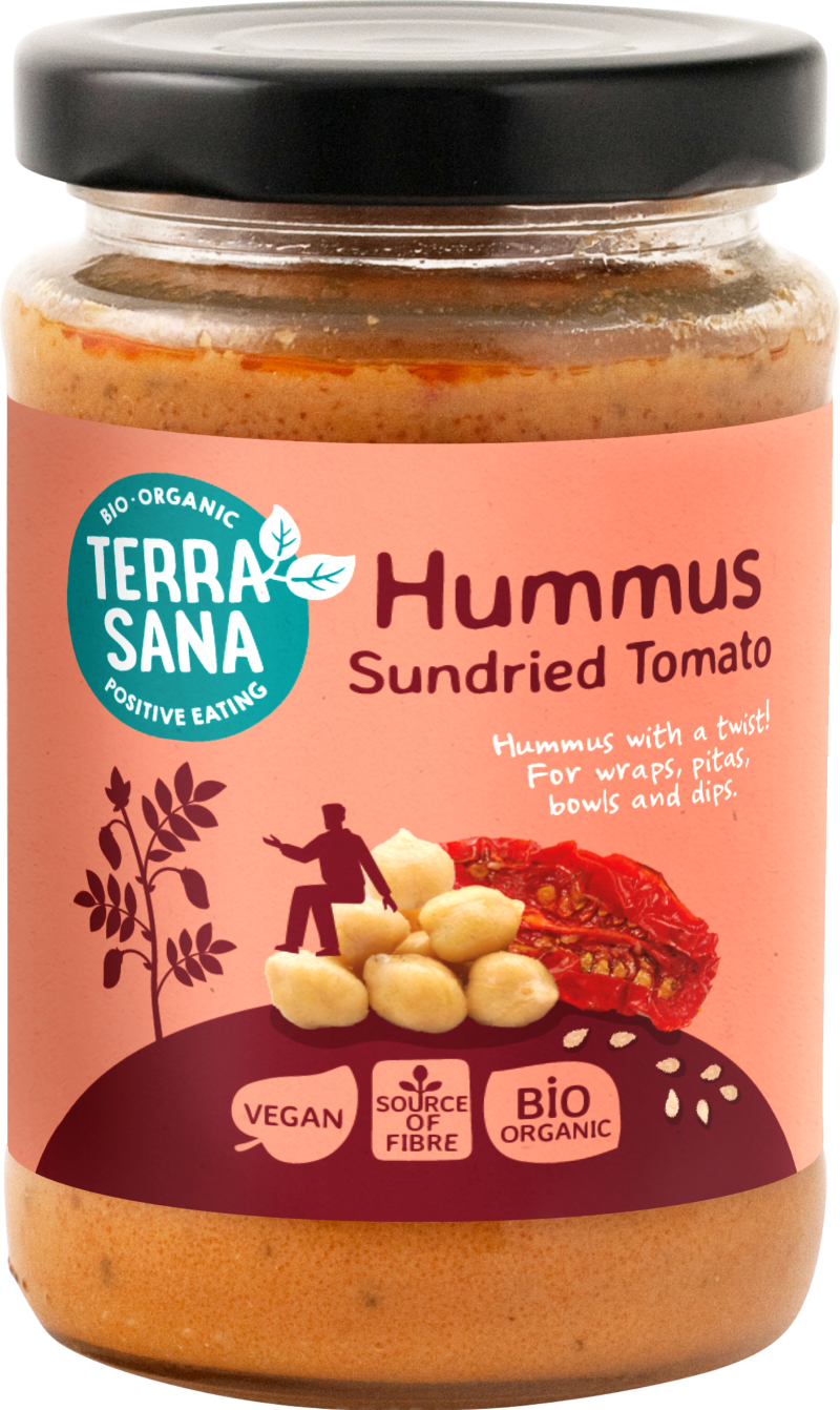 TerraSana organic hummus spread with sun-dried tomatoes, 190 grams, as a flavorful bread topping or snack.