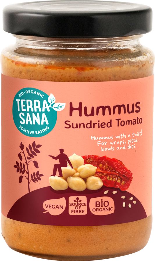 TerraSana organic hummus spread with sun-dried tomatoes, 190 grams, as a flavorful bread topping or snack.