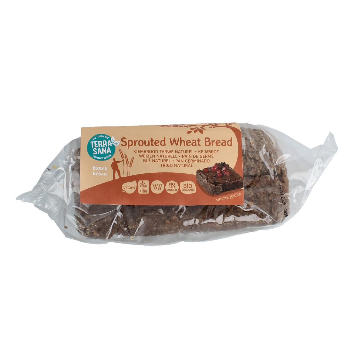TerraSana Gekiemd brood naturel with organic wheat, 400g, showing fresh sliced bread on a wooden surface.