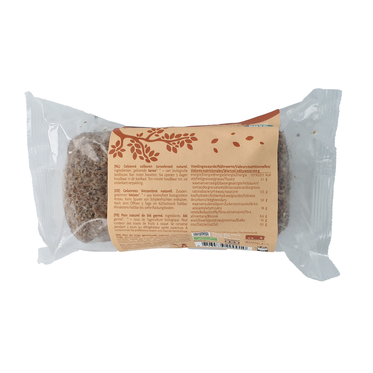 TerraSana organic fermented wheat bread, 400g, with a rustic crust and sliced appearance on a neutral background.