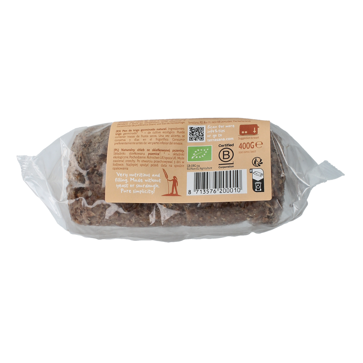 TerraSana Gekiemd biologisch tarwebrood, 400g, sliced whole wheat bread with seeds, for sandwiches and healthy meals