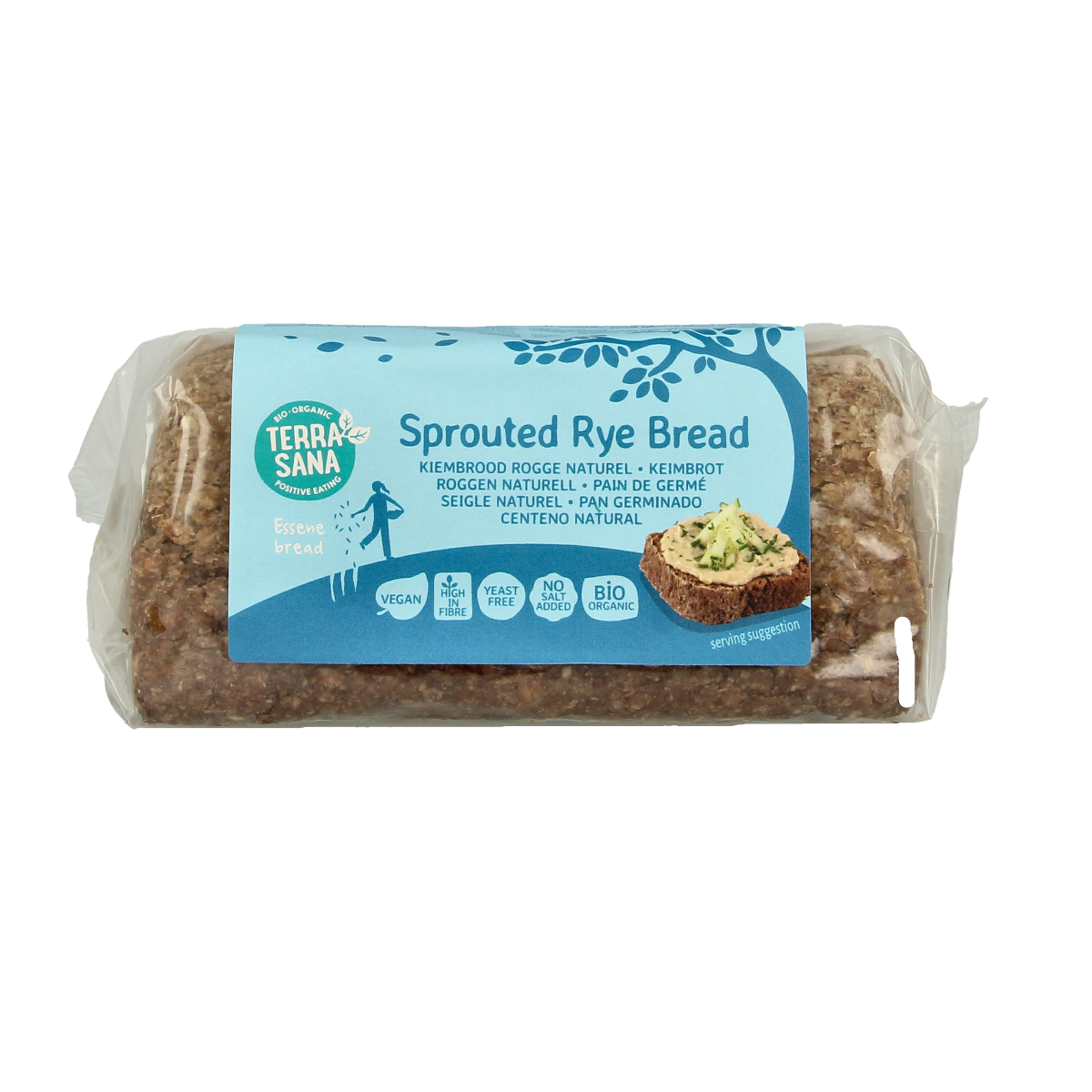 TerraSana Roggebrood gekiemd bio, 400g, showing sliced organic rye bread with a textured crust and seeded topping.