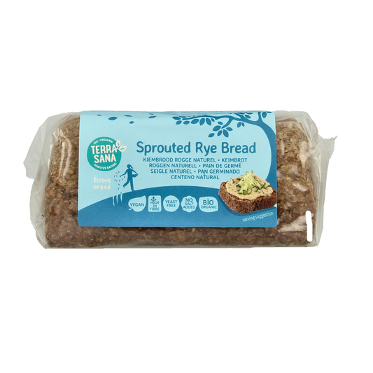 TerraSana Roggebrood gekiemd bio, 400g, showing sliced organic rye bread with a textured crust and seeded topping.