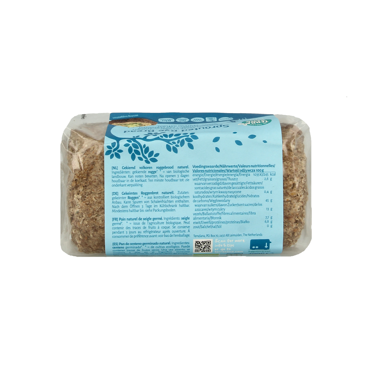 TerraSana Roggebrood gekiemd bio, 400g, slices of organic rye bread with a textured crust and dense interior.