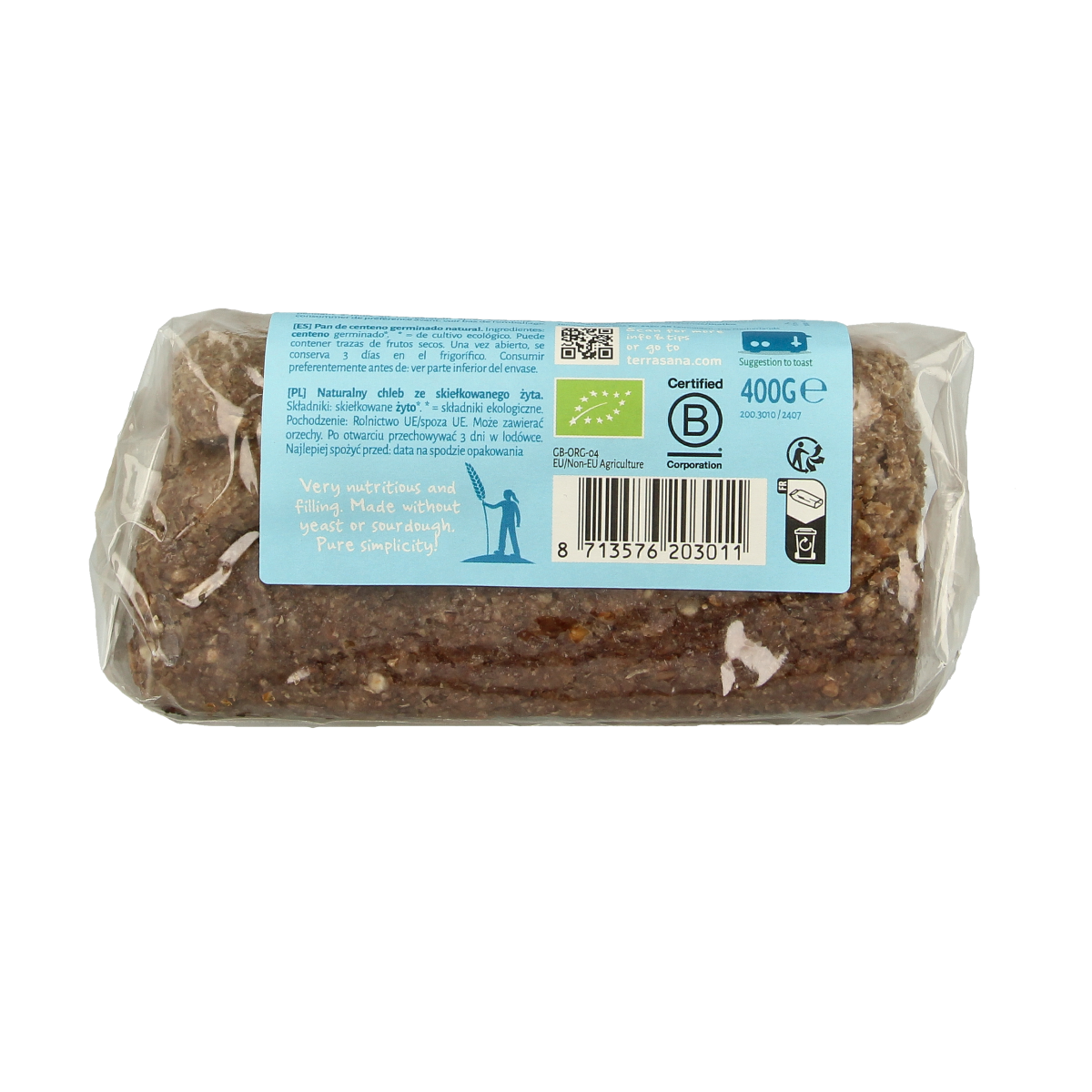 TerraSana Roggebrood gekiemd bio, 400g, sliced organic rye bread for healthy sandwiches and snacks.