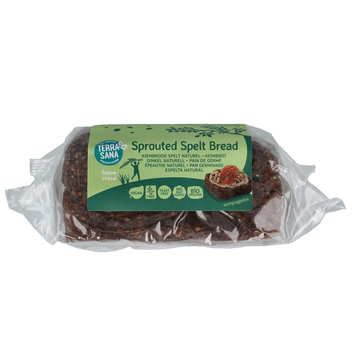 TerraSana Gekiemd speltbrood naturel bio, 400g, showing a loaf of organic spelt bread on a cutting board.
