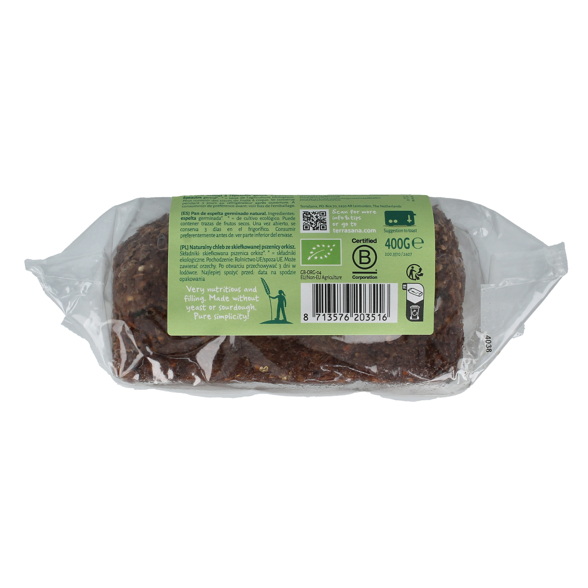 TerraSana biologisch gekiemd speltbrood naturel, 400g, slices of whole grain spelt bread on a wooden cutting board.