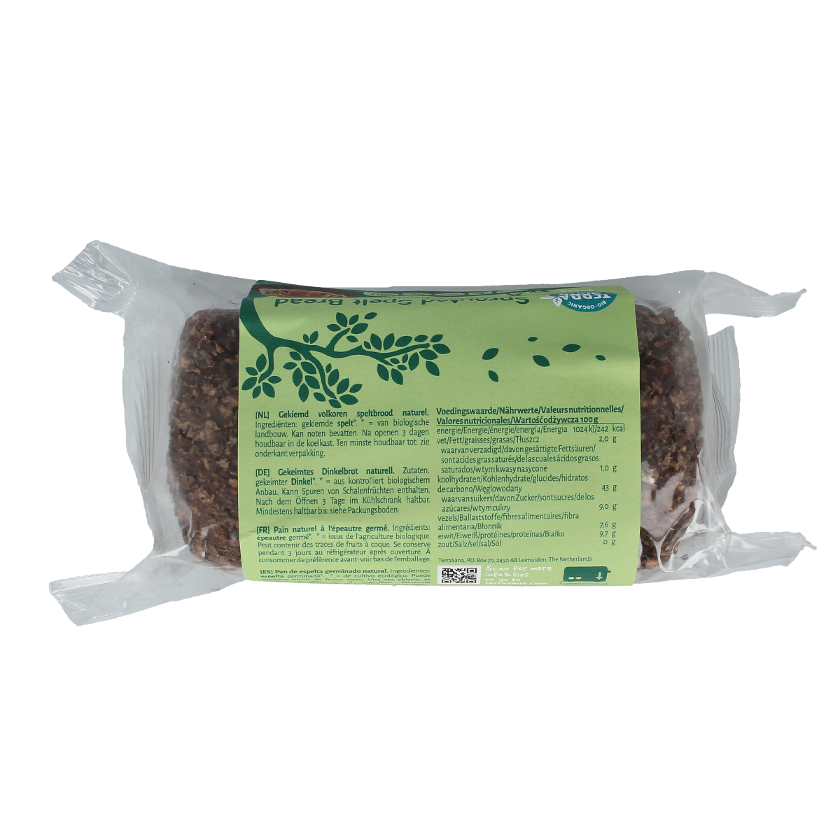 TerraSana organic spelt bread loaf, natural brown crust, sliced, on a wooden cutting board.