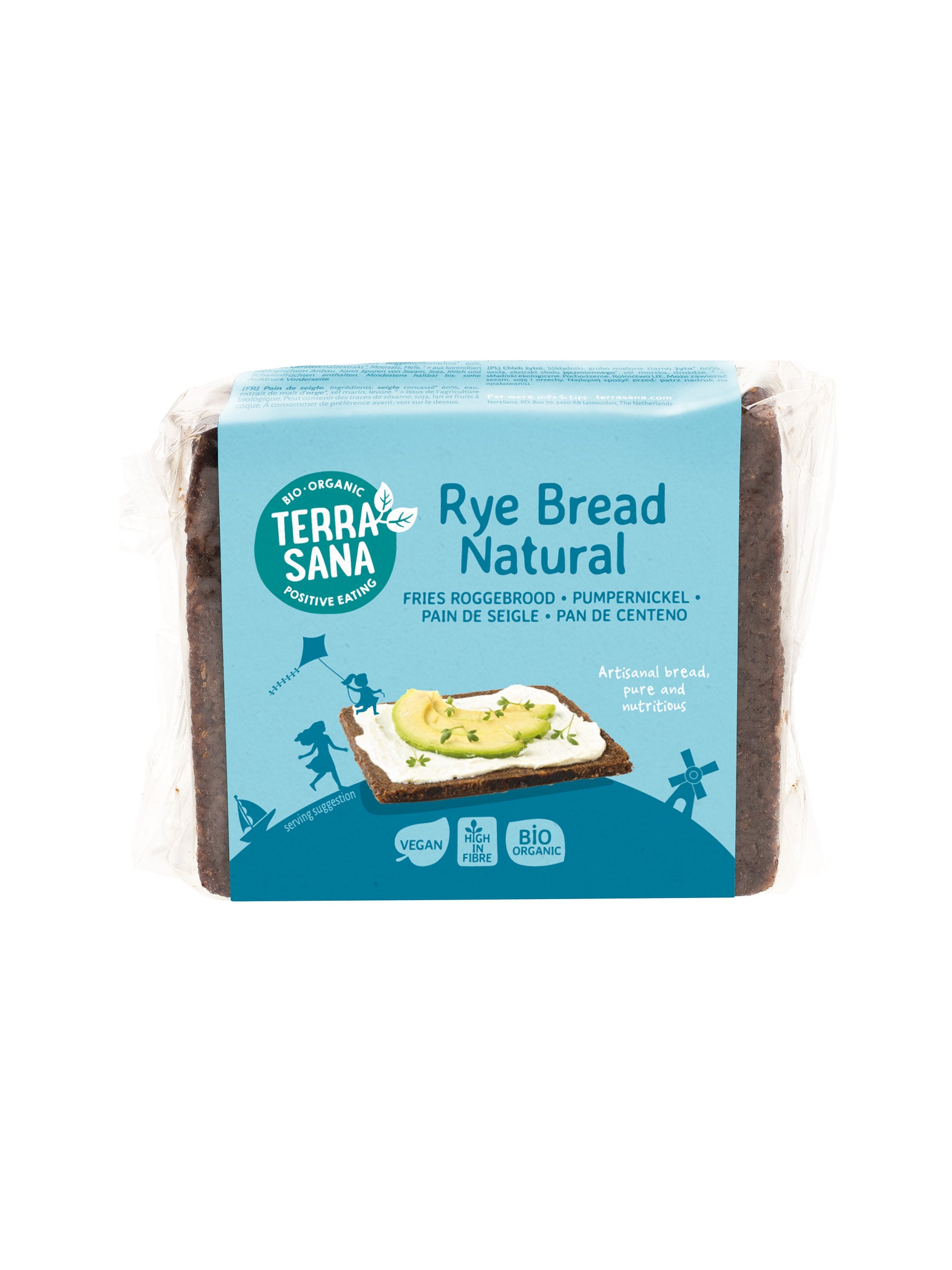Whole grain TerraSana Fries roggebrood bio, a 500g loaf of organic rye bread, shown sliced with a rustic texture.