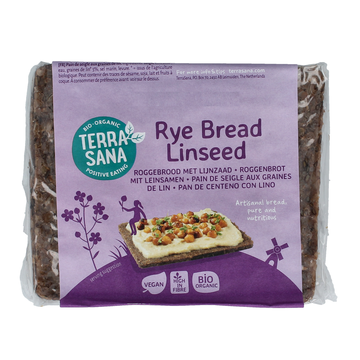 TerraSana Roggebrood lijnzaad bio, 500g, organic rye bread with flax seeds, displayed on a wooden surface.