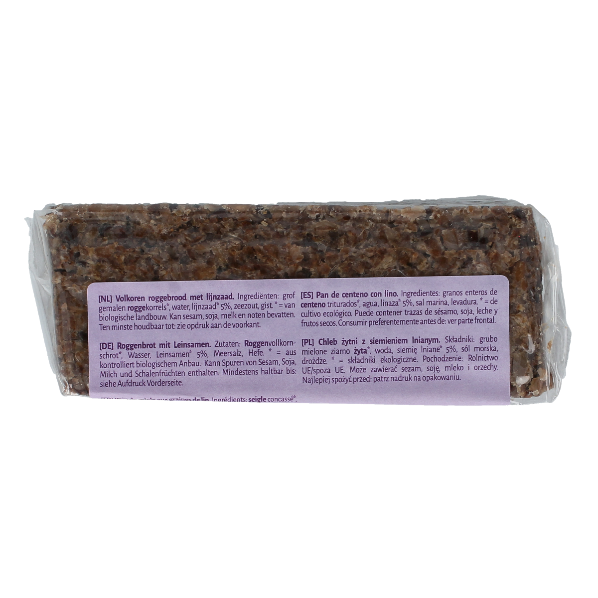 TerraSana Roggebrood met lijnzaad, biologisch, 500 gram, zichtbaar op de verpakking met roggebrood en lijnzaad details.