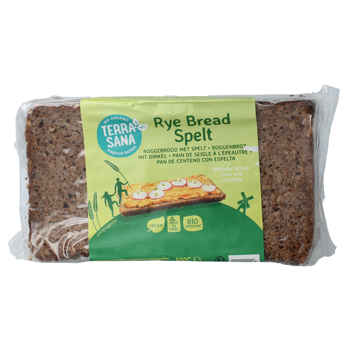 TerraSana bio spelt rye bread (500g) in a close-up image, showcasing the textured crust and sliced appearance of the whole grain loaf.