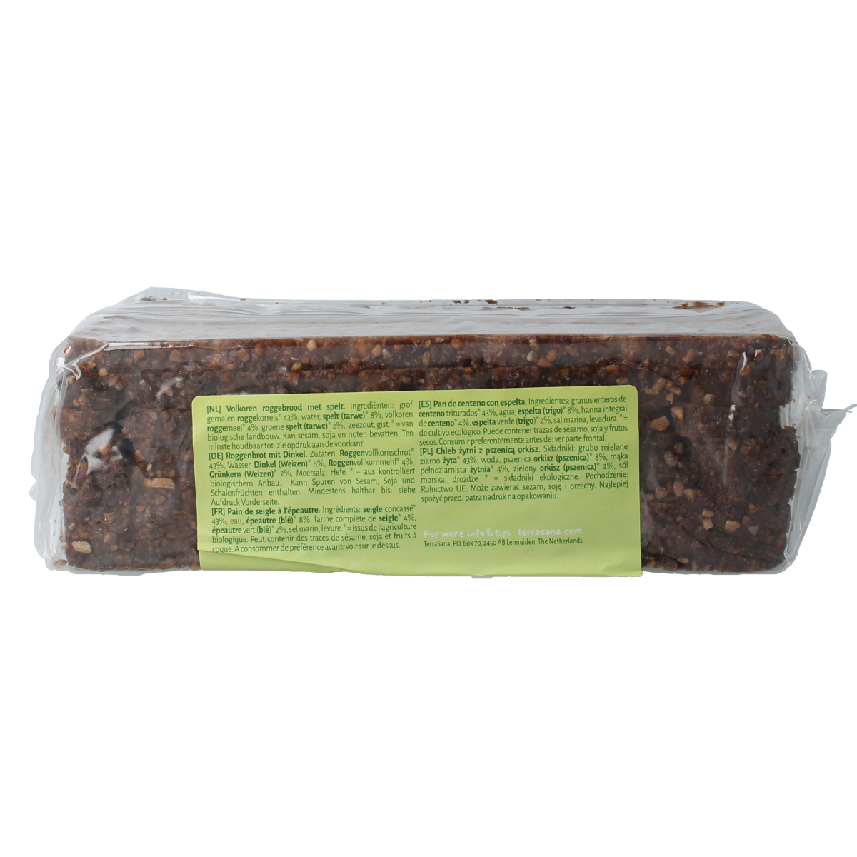 TerraSana bio spelt rye bread slice on a plate, highlighting the 500g package of organic rye bread from TerraSana.
