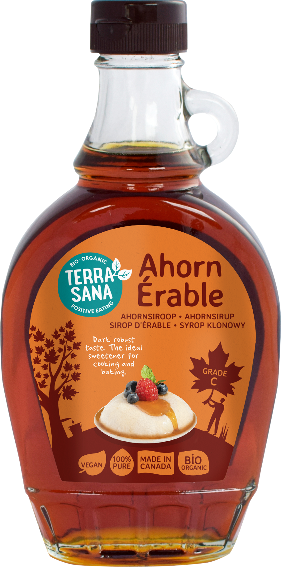 TerraSana Ahornsiroop graad C bio in 250ml bottle, natural maple syrup for sauces and flavoring, organic and pure.