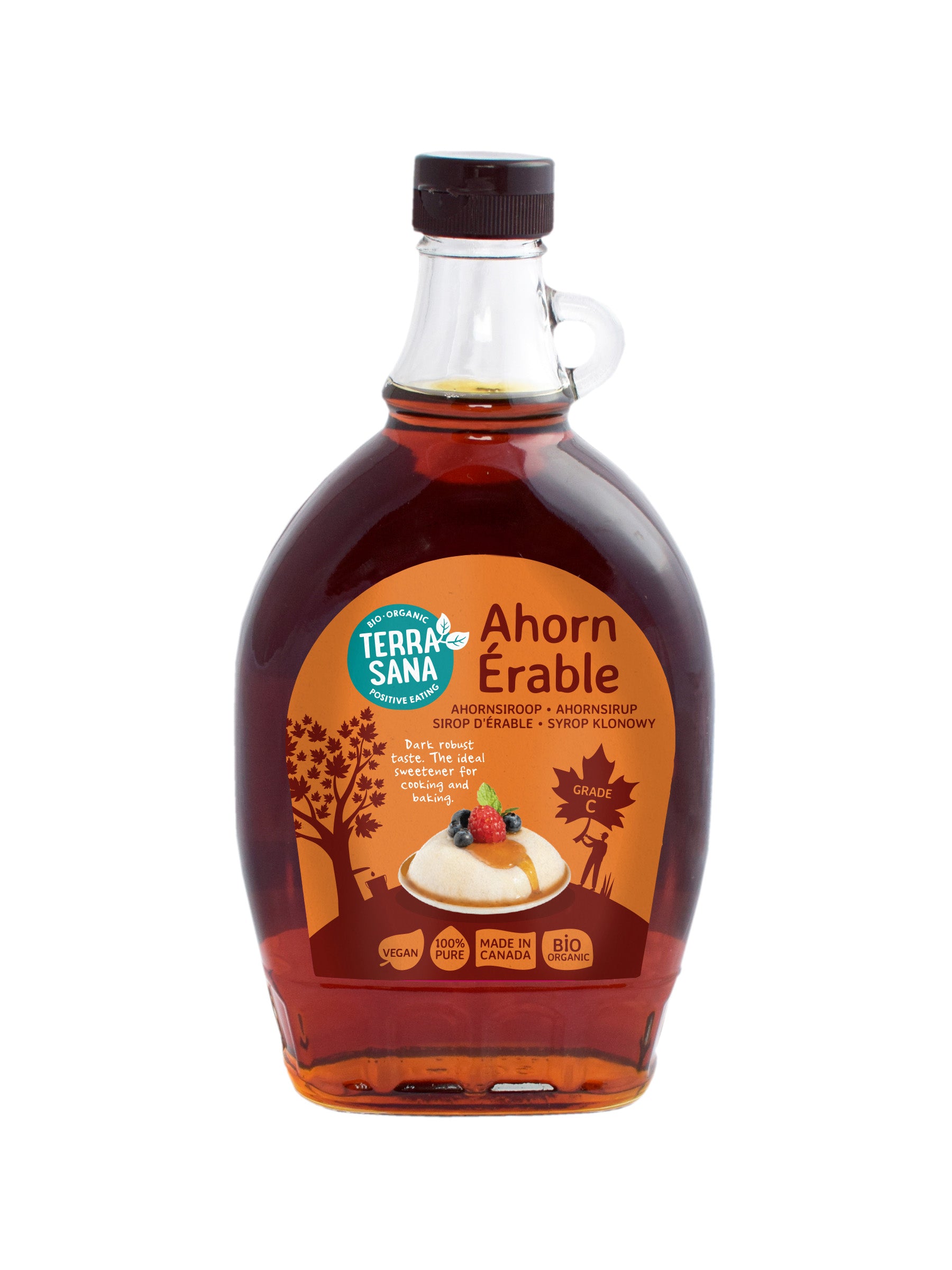 Glass bottle of TerraSana organic Grade C maple syrup, 500ml, in a Sauzen en Smaakmakers product image.